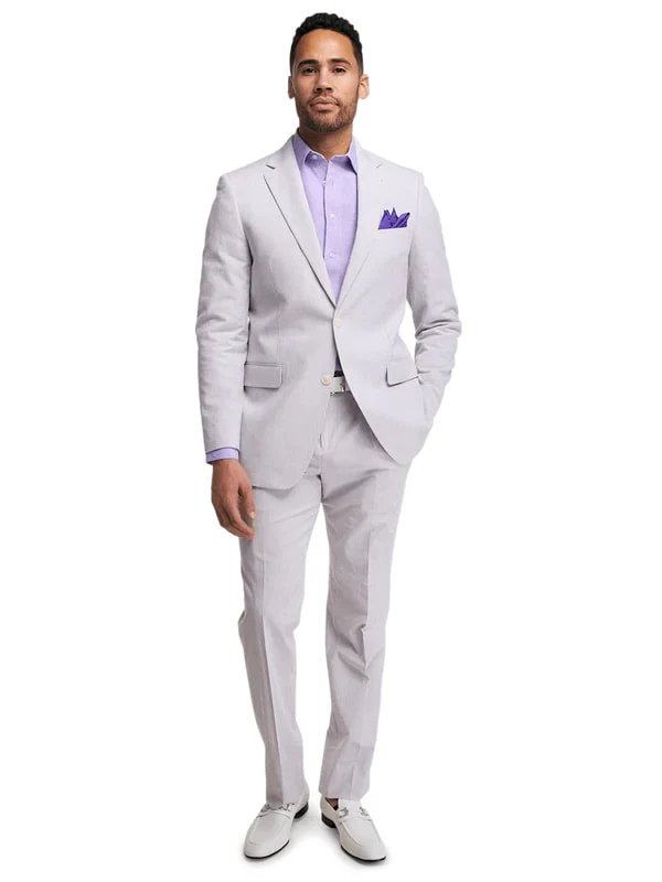 Mens Lavender Seersucker Suit Blazer + Pants Cotton Fabric - Summer Fabric in Purple color - Image 2
