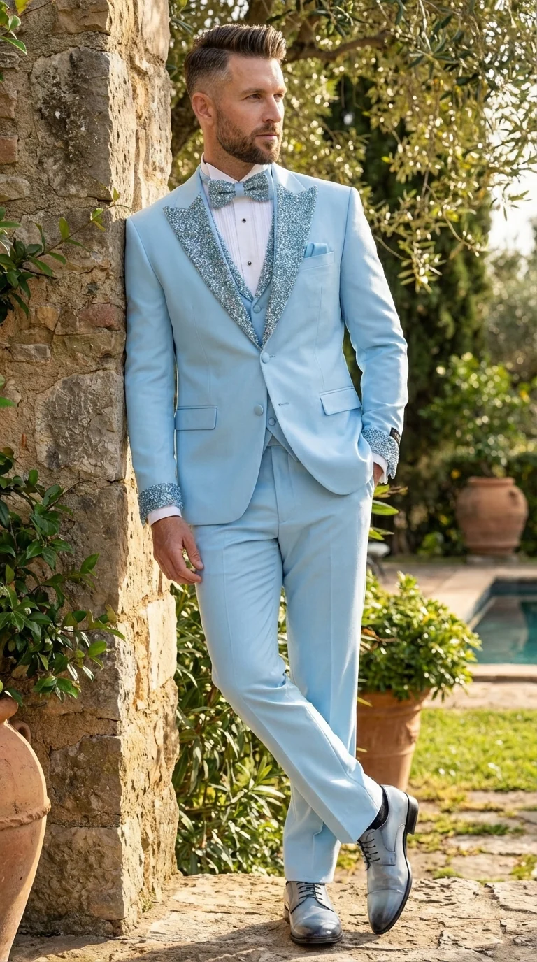 Mens Light Blue 3 Piece Prom Tuxedo – Sky Blue Formal Suit with Sequin Lapel Wedding Party Tuxedo Set in Baby Blue - Image 10
