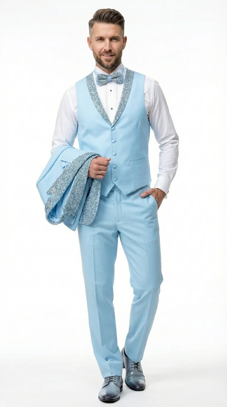 Mens Light Blue 3 Piece Prom Tuxedo – Sky Blue Formal Suit with Sequin Lapel Wedding Party Tuxedo Set in Baby Blue - Image 14