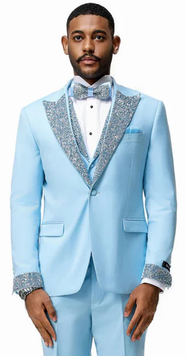 Mens Light Blue 3 Piece Prom Tuxedo – Sky Blue Formal Suit with Sequin Lapel Wedding Party Tuxedo Set in Baby Blue - Image 15