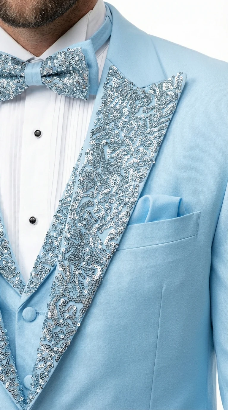 Mens Light Blue 3 Piece Prom Tuxedo – Sky Blue Formal Suit with Sequin Lapel Wedding Party Tuxedo Set in Baby Blue - Image 16