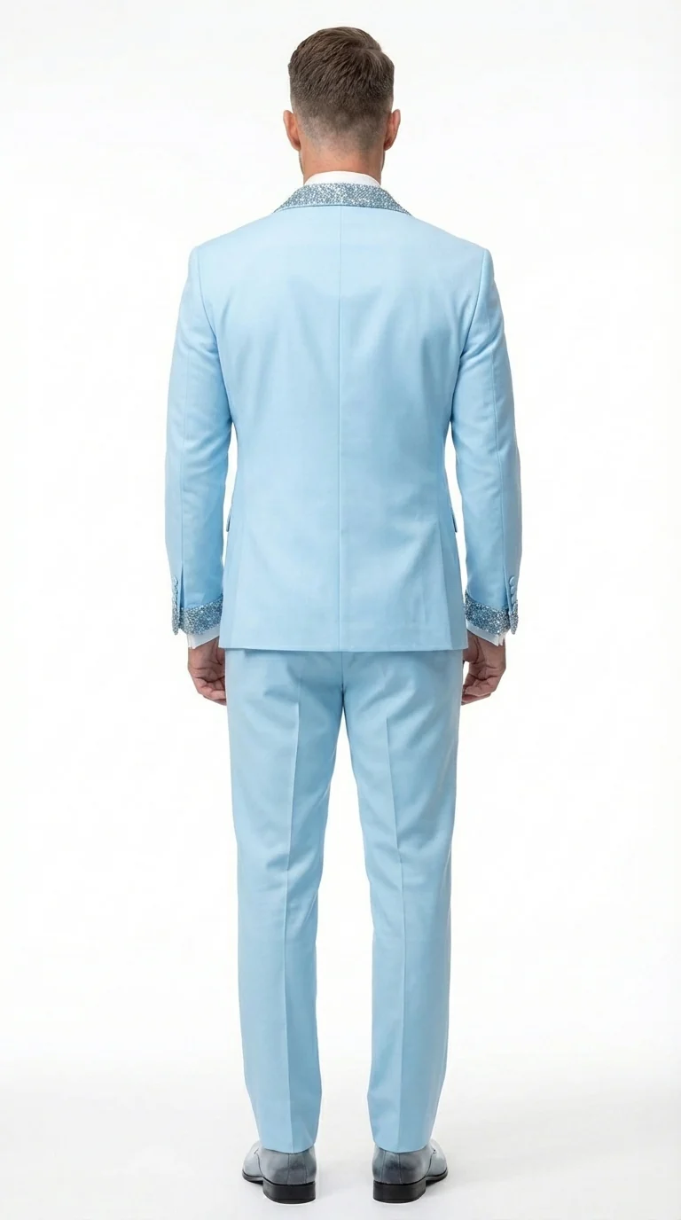 Mens Light Blue 3 Piece Prom Tuxedo – Sky Blue Formal Suit with Sequin Lapel Wedding Party Tuxedo Set in Baby Blue - Image 2