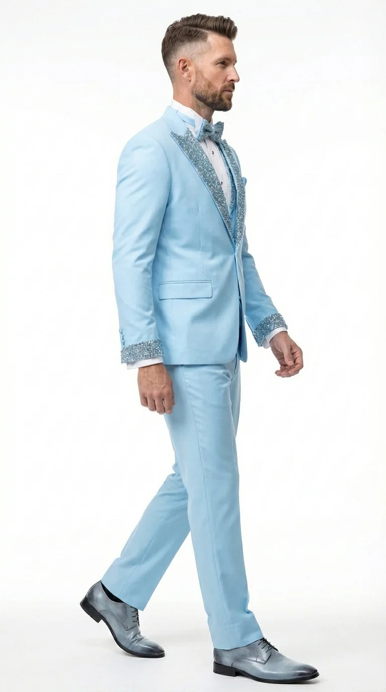Mens Light Blue 3 Piece Prom Tuxedo – Sky Blue Formal Suit with Sequin Lapel Wedding Party Tuxedo Set in Baby Blue - Image 5