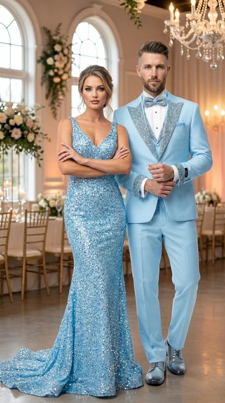 Mens Light Blue 3 Piece Prom Tuxedo – Sky Blue Formal Suit with Sequin Lapel Wedding Party Tuxedo Set in Baby Blue - Image 6