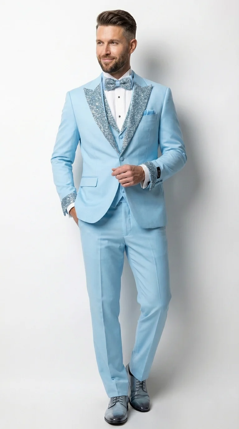 Mens Light Blue 3 Piece Prom Tuxedo – Sky Blue Formal Suit with Sequin Lapel Wedding Party Tuxedo Set in Baby Blue - Image 8