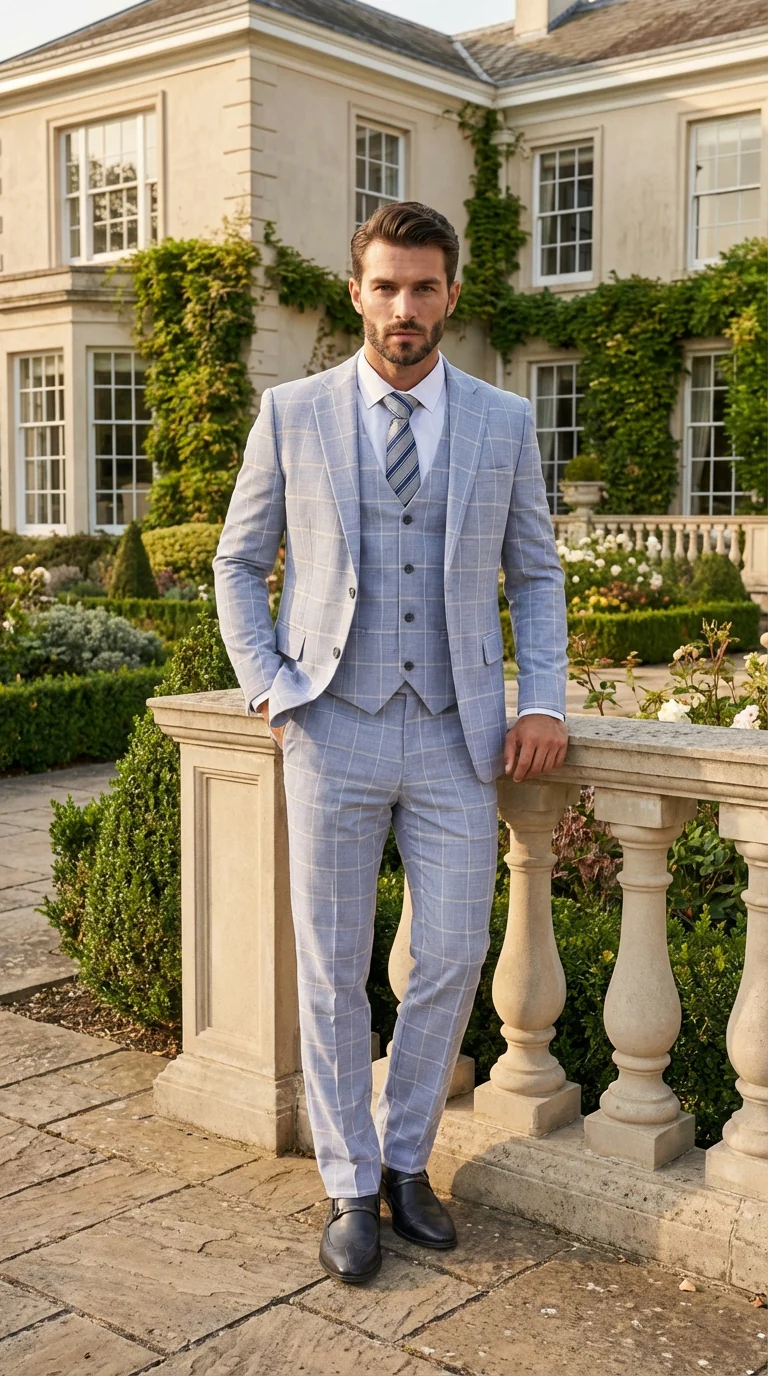 Mens Light Blue Plaid Three Piece Suit – Windowpane Check Wedding and Business Formal Suit Set - Image 5
