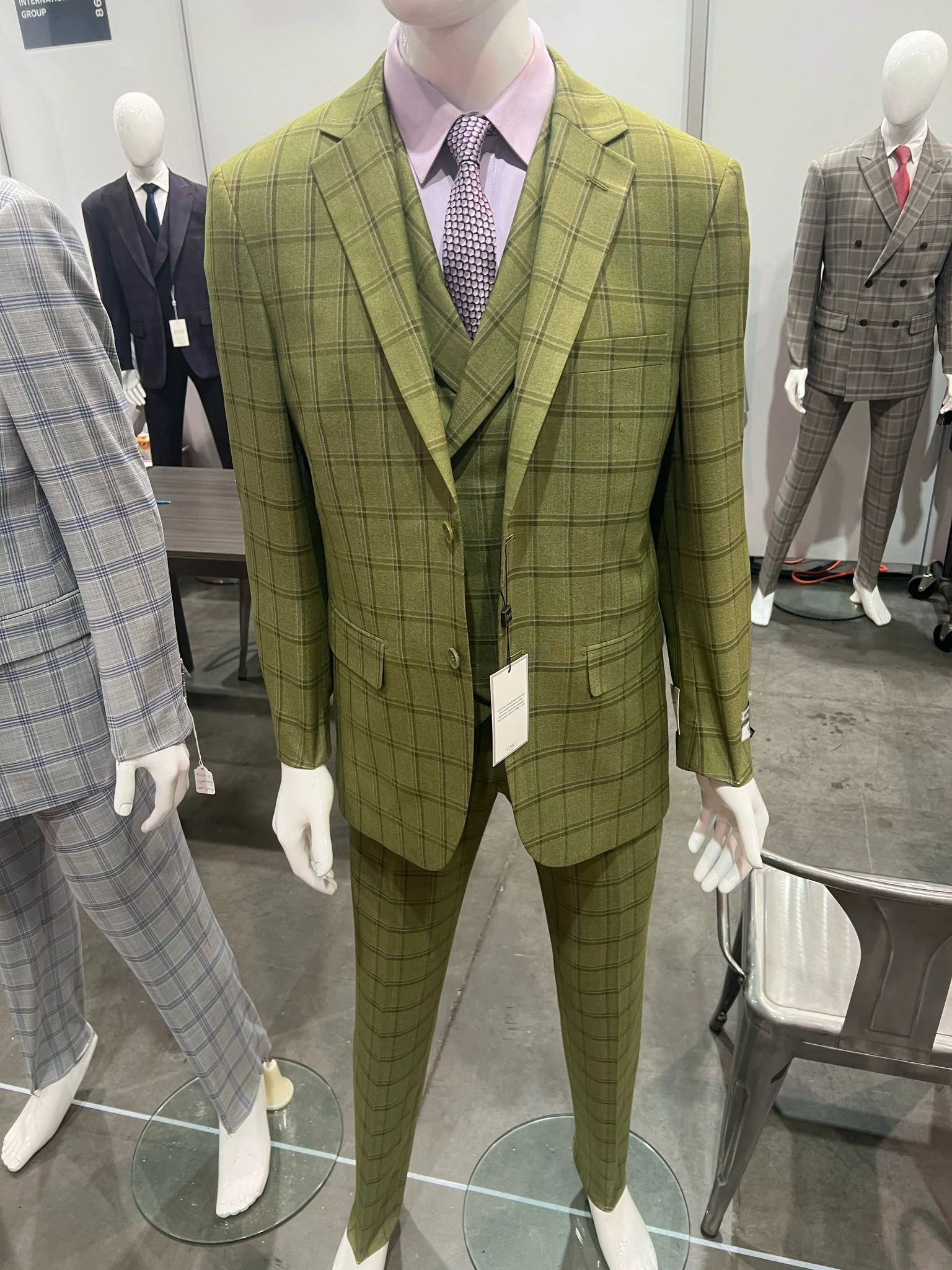 Mens Light Olive Green Three-Piece Plaid Suit with Notch Lapel - Sage Green Windowpane Pattern - Image 4