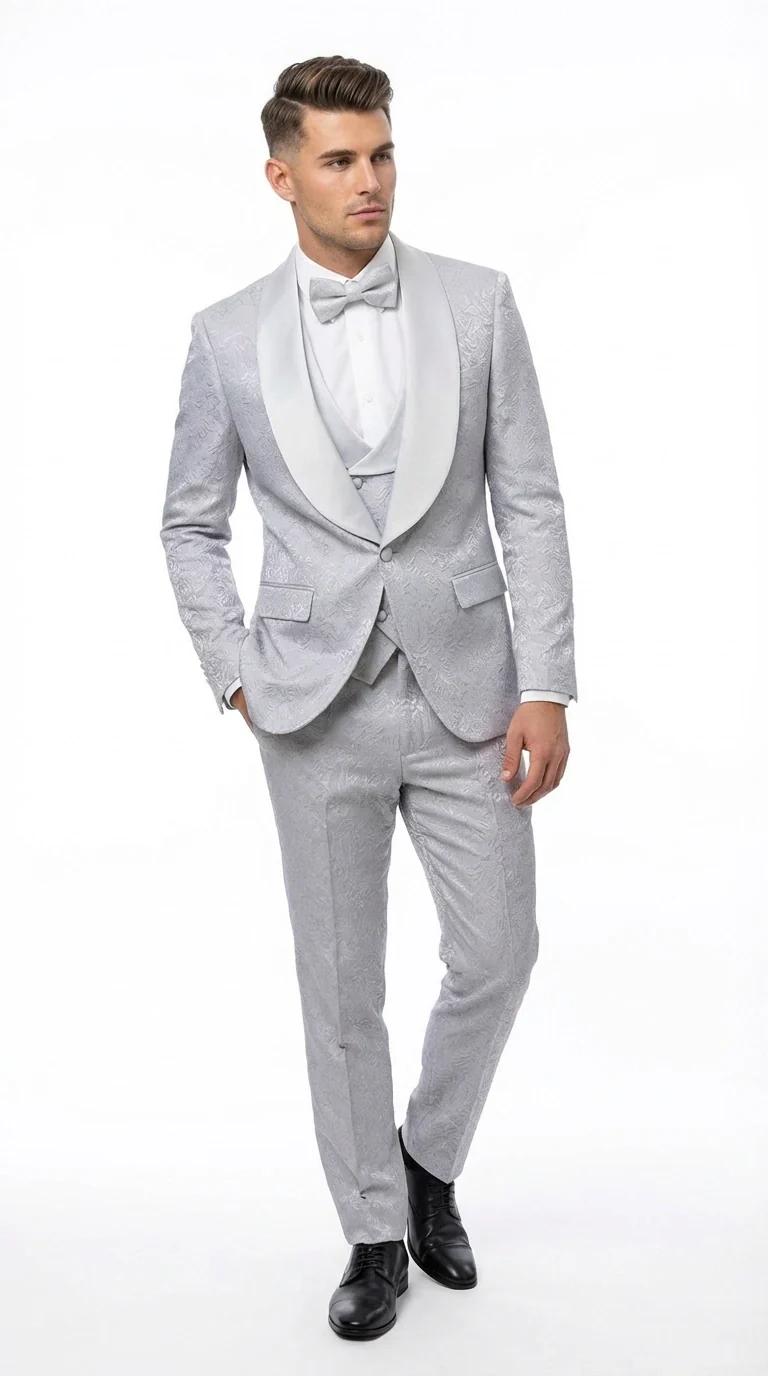 Mens Light Silver Wedding Tuxedo Suit – Paisley Fabric Three Piece Formal Suit Set with Shawl Lapel for Groom, Prom, Gala and ice Grey - Image 2
