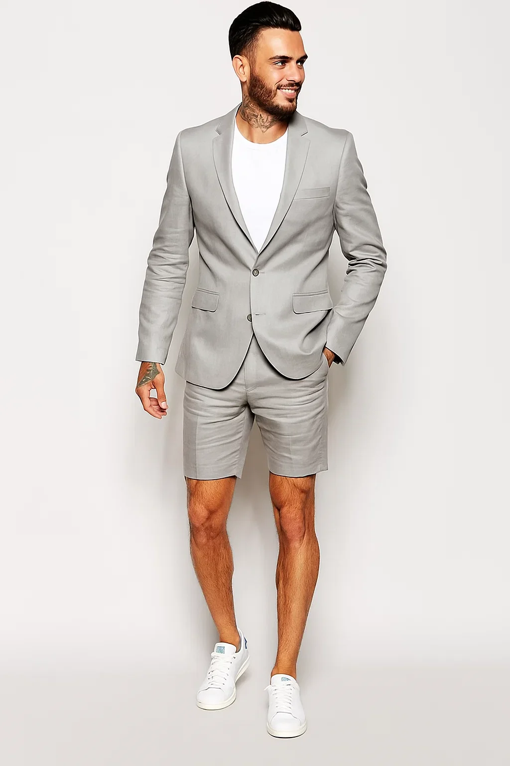 Men'S Linen Fabric Summer Business Suits With Shorts Pants Set (Sport Coat Looking) Grey - Mens Linen Suit - Image 4