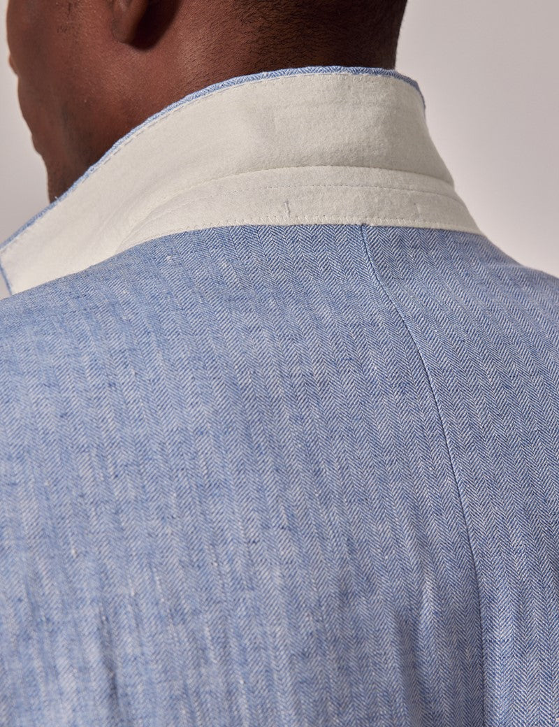 Mens Linen Suit For Beach Wedding - Summer Suit in Light Blue Herringbone - Image 10