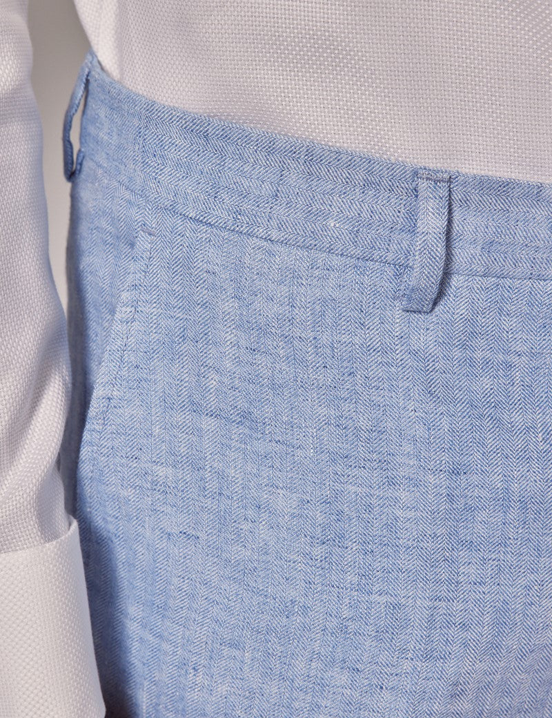 Mens Linen Suit For Beach Wedding - Summer Suit in Light Blue Herringbone - Image 11