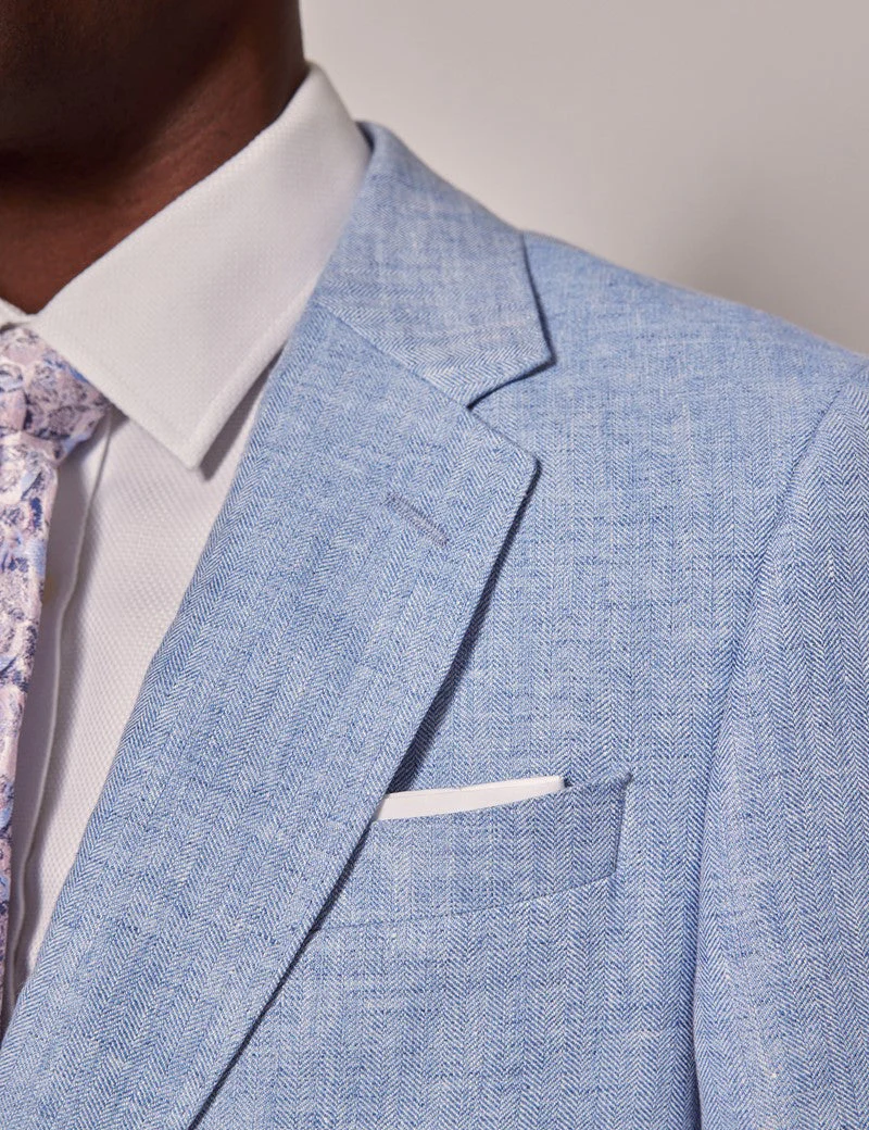 Mens Linen Suit For Beach Wedding - Summer Suit in Light Blue Herringbone - Image 6