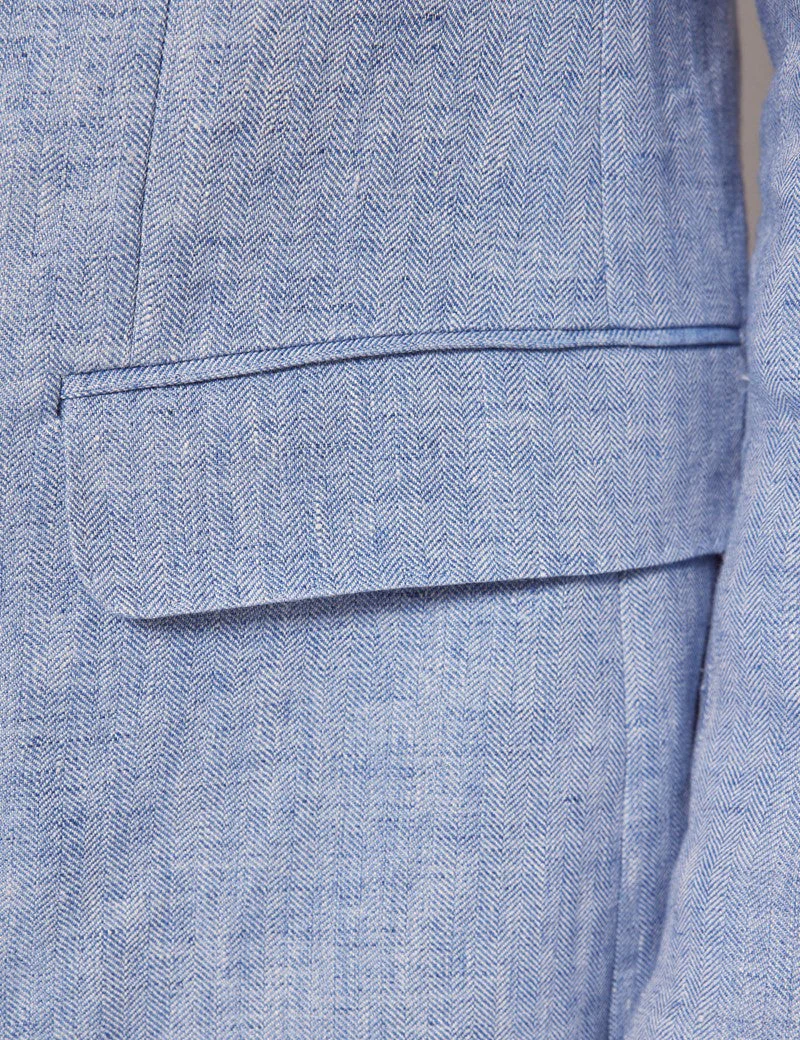 Mens Linen Suit For Beach Wedding - Summer Suit in Light Blue Herringbone - Image 7