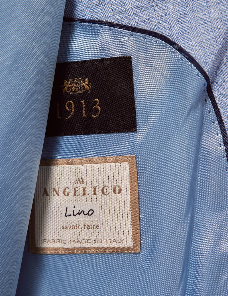 Mens Linen Suit For Beach Wedding - Summer Suit in Light Blue Herringbone - Image 8