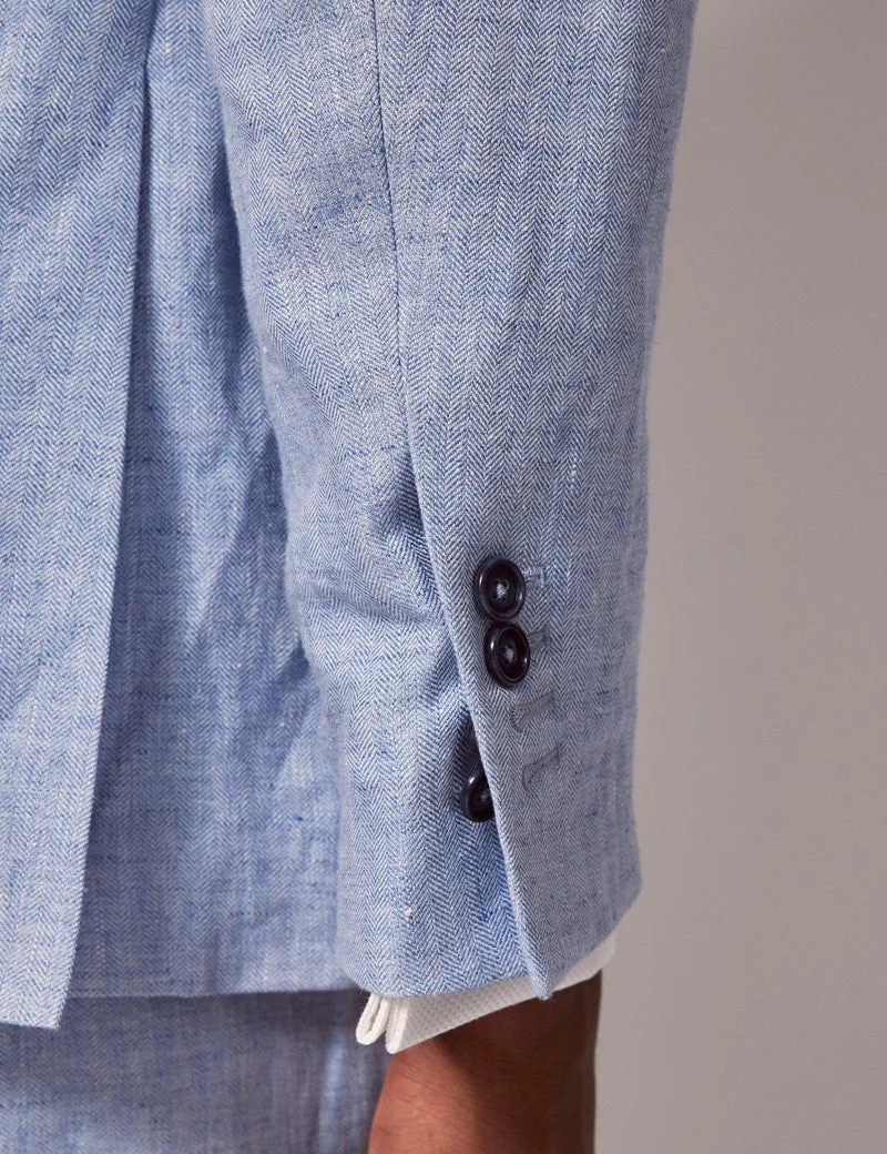 Mens Linen Suit For Beach Wedding - Summer Suit in Light Blue Herringbone - Image 9