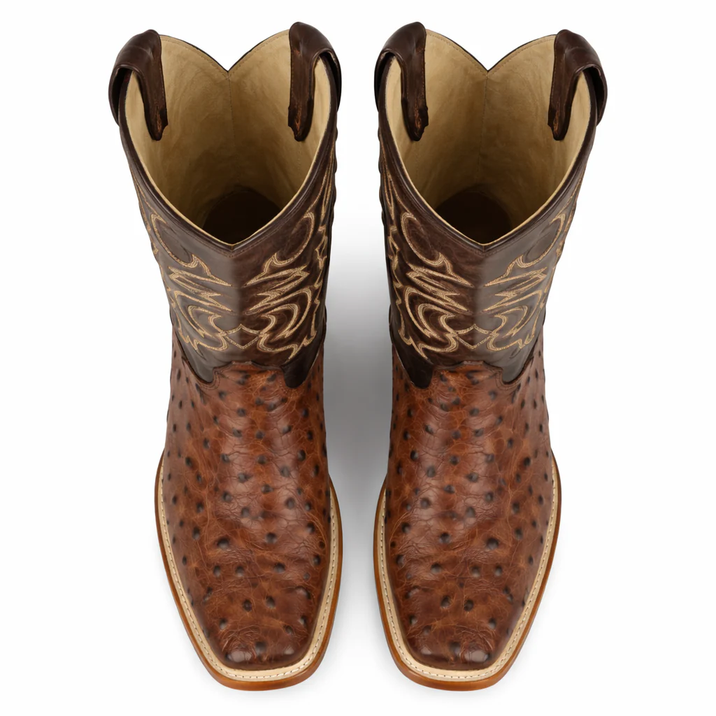 Men's Los Altos Ostrich Skin Wide Square Toe Boots - Kango Brown - Image 4