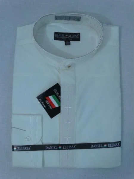 Men'S Mandarin Banded Collar Pastor Preacher Long Sleeves Ivory/Ivory Preacher Round Style Collarless Shirt