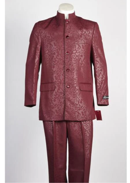 Men's Mandarin Paisley Banded Collar 5 Button Suit Wine Blazer Looking