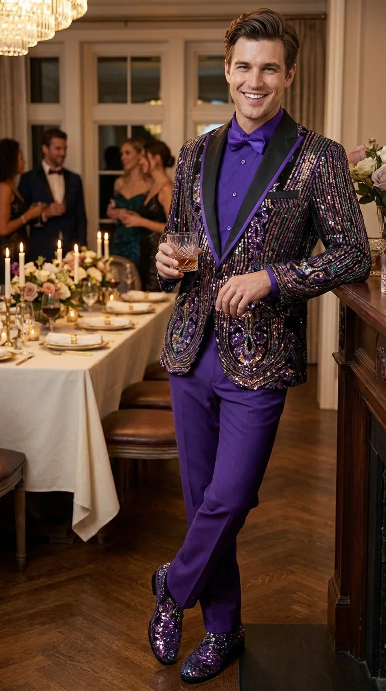 Mens Mardi Gra Black and Purple and Gold Sequin Tuxedo Jacket Set – Designer with Floral Pattern Jacket Formal Wedding Party Wear Bowtie - Image 10