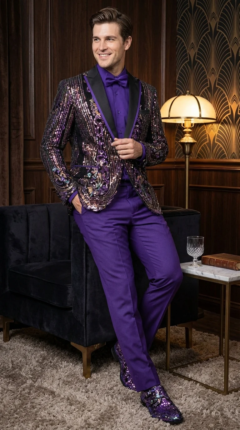 Mens Mardi Gra Black and Purple and Gold Sequin Tuxedo Jacket Set – Designer with Floral Pattern Jacket Formal Wedding Party Wear Bowtie - Image 11