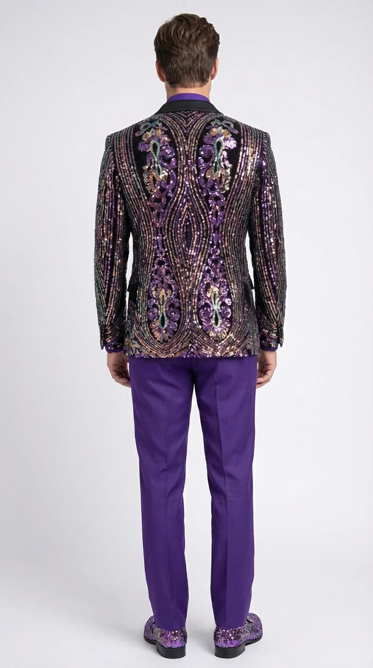Mens Mardi Gra Black and Purple and Gold Sequin Tuxedo Jacket Set – Designer with Floral Pattern Jacket Formal Wedding Party Wear Bowtie - Image 2