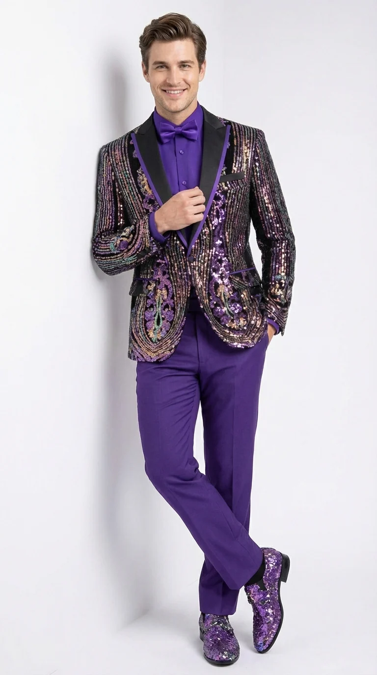Mens Mardi Gra Black and Purple and Gold Sequin Tuxedo Jacket Set – Designer with Floral Pattern Jacket Formal Wedding Party Wear Bowtie - Image 3