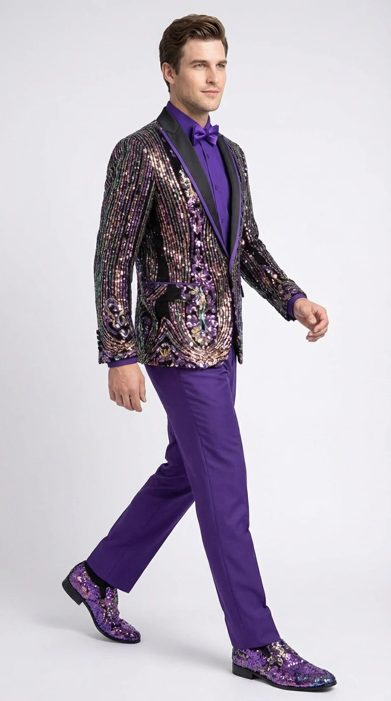Mens Mardi Gra Black and Purple and Gold Sequin Tuxedo Jacket Set – Designer with Floral Pattern Jacket Formal Wedding Party Wear Bowtie - Image 4
