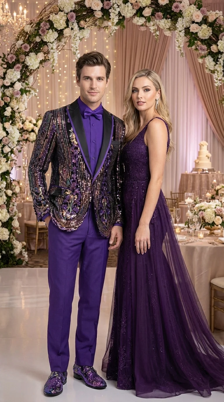 Mens Mardi Gra Black and Purple and Gold Sequin Tuxedo Jacket Set – Designer with Floral Pattern Jacket Formal Wedding Party Wear Bowtie - Image 7