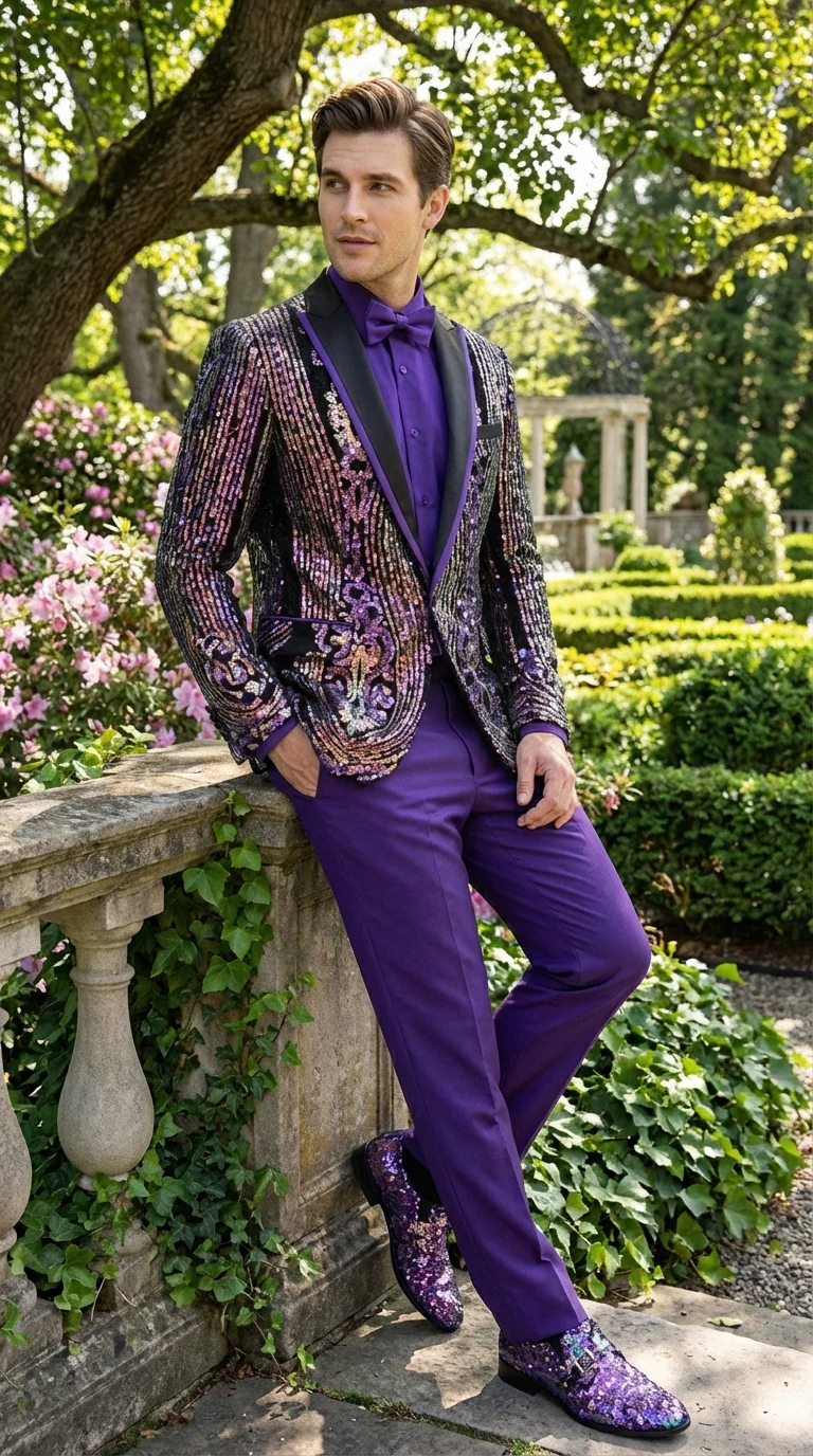 Mens Mardi Gra Black and Purple and Gold Sequin Tuxedo Jacket Set – Designer with Floral Pattern Jacket Formal Wedding Party Wear Bowtie - Image 9