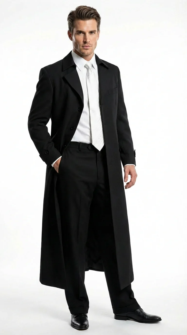 Men's Maxi Black Full Length Zoot Suit – Vintage Gangster Style Long Coat Formal Suit