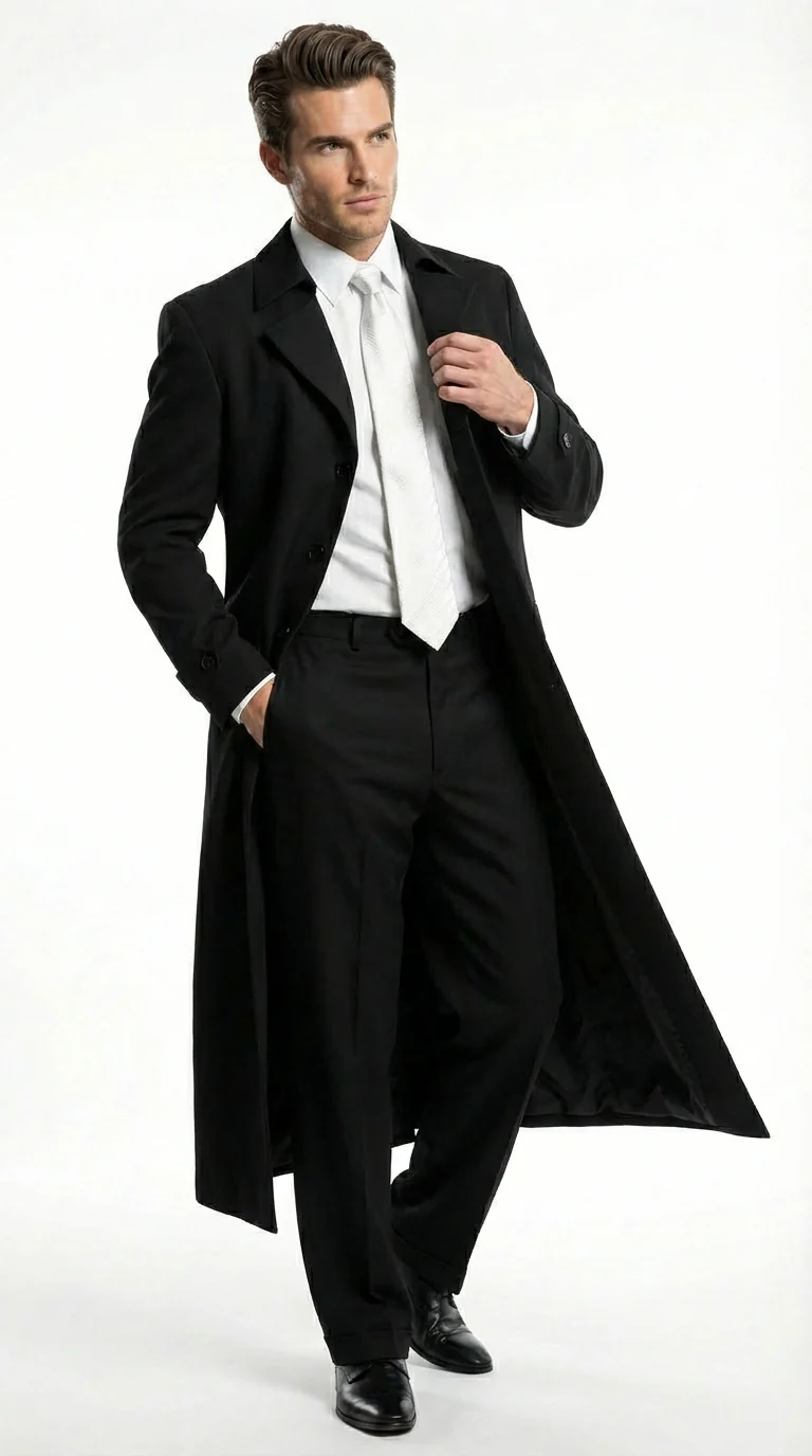 Men's Maxi Black Full Length Zoot Suit – Vintage Gangster Style Long Coat Formal Suit - Image 16