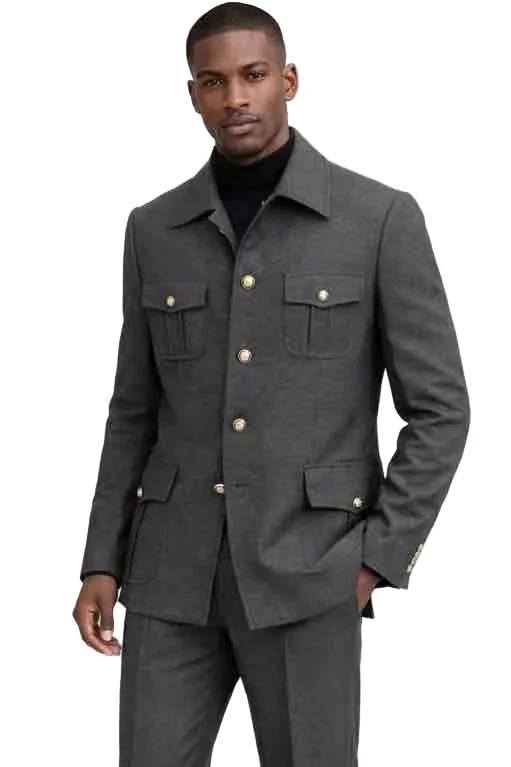 Mens Military Style Gray Safari Suit – 4 Pocket Gold Button Designer Fashion Suit