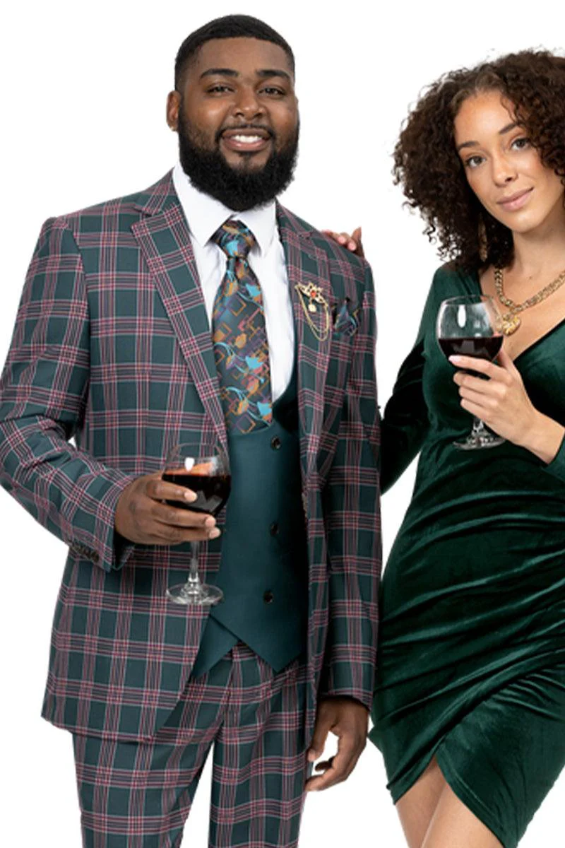 EJ Samuel Forest Green Double-Breasted Windowpane Plaid Suit – Modern Fit