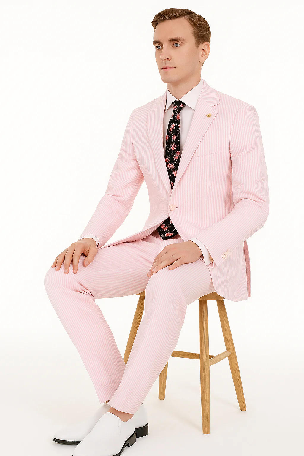 Mens Modern Slim Pink Seersucker Suit - Image 8