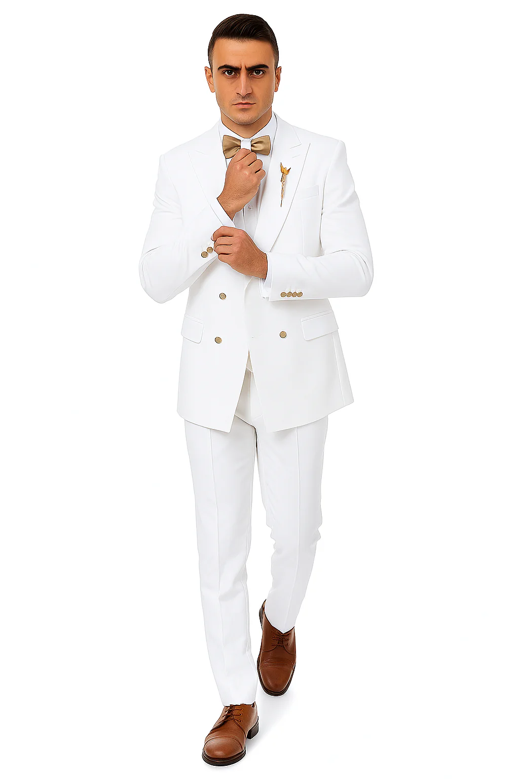 White Two-Button Peak Lapel Suit with Double Breasted Gold-Button Vest by EJ Samuel - Image 3