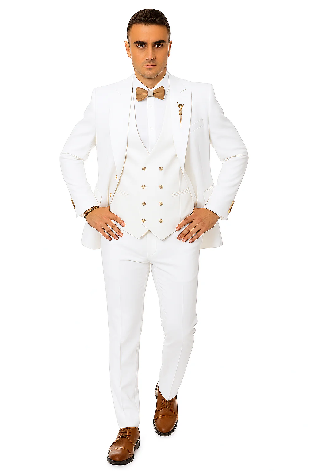 White Two-Button Peak Lapel Suit with Double Breasted Gold-Button Vest by EJ Samuel - Image 4