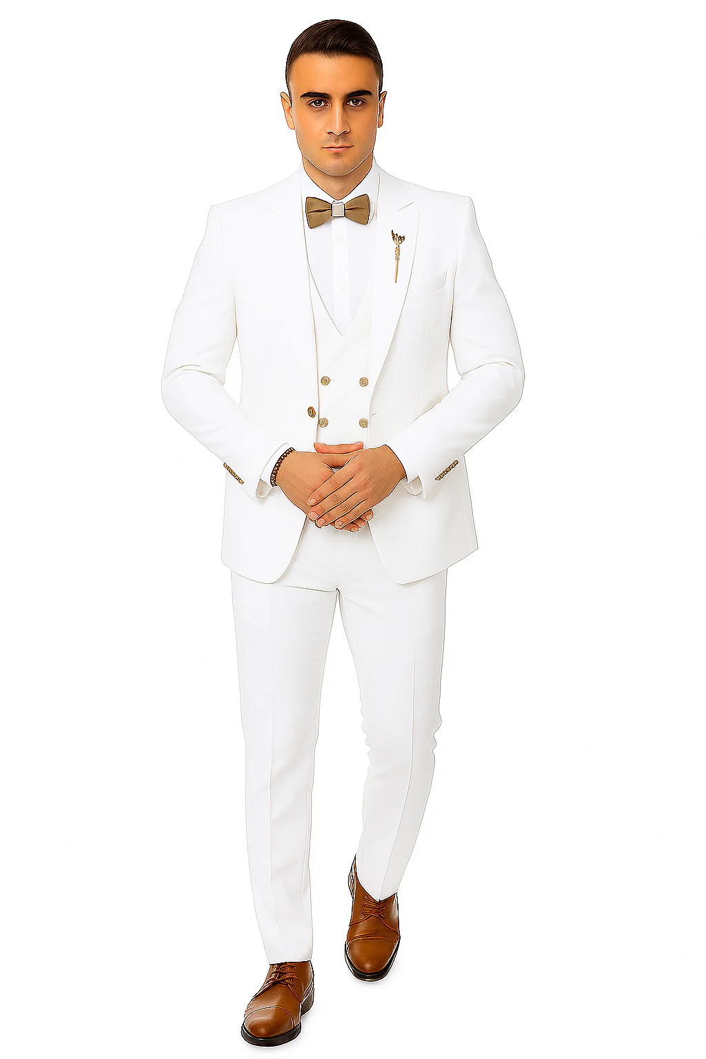 White Two-Button Peak Lapel Suit with Double Breasted Gold-Button Vest by EJ Samuel - Image 5