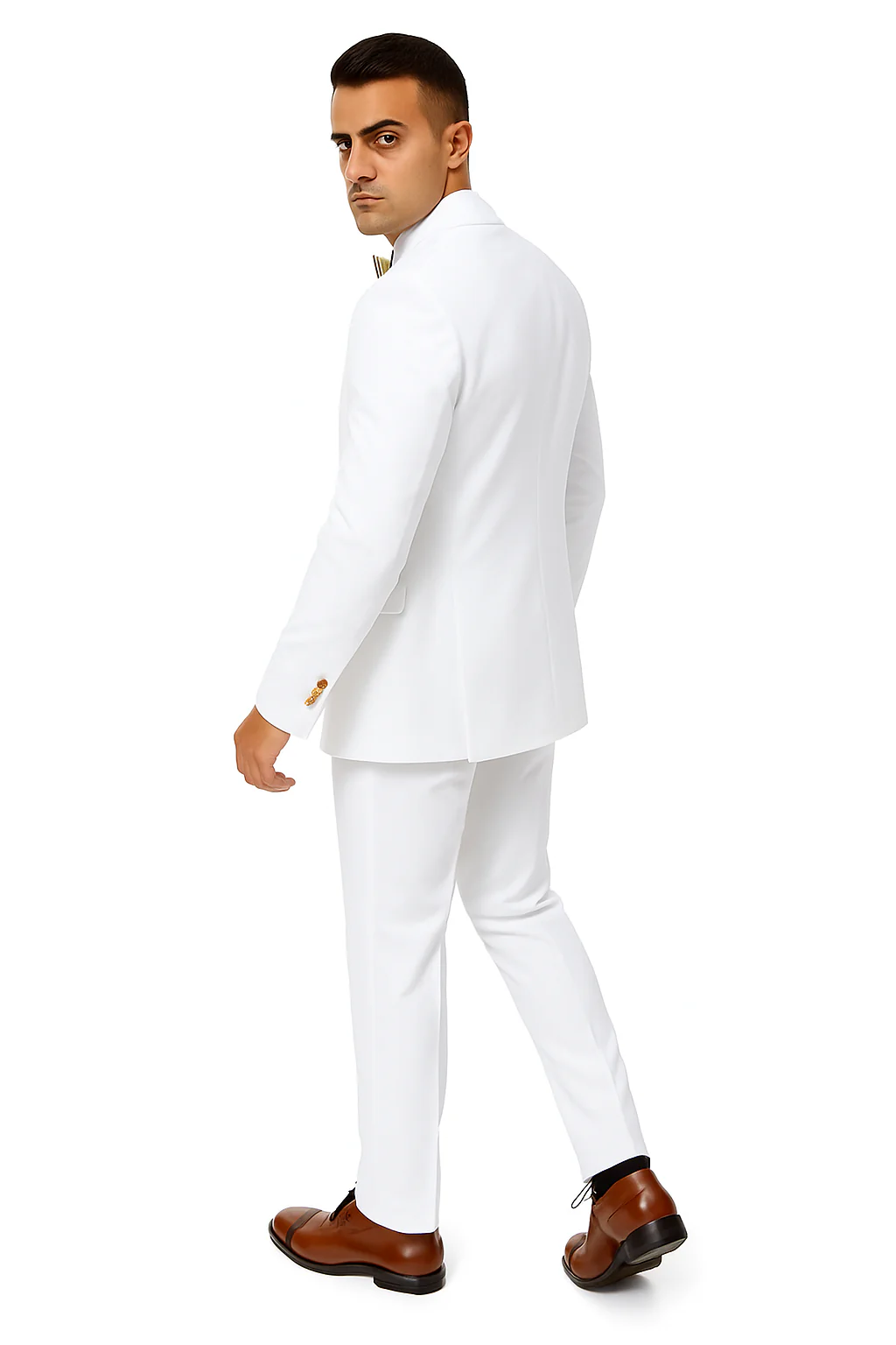 White Two-Button Peak Lapel Suit with Double Breasted Gold-Button Vest by EJ Samuel - Image 6