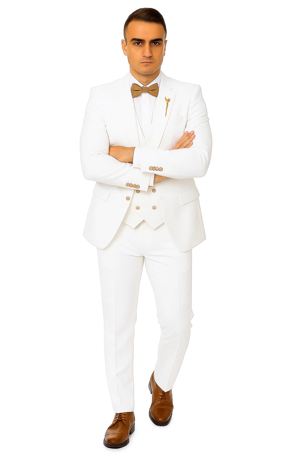White Two-Button Peak Lapel Suit with Double Breasted Gold-Button Vest by EJ Samuel - Image 7