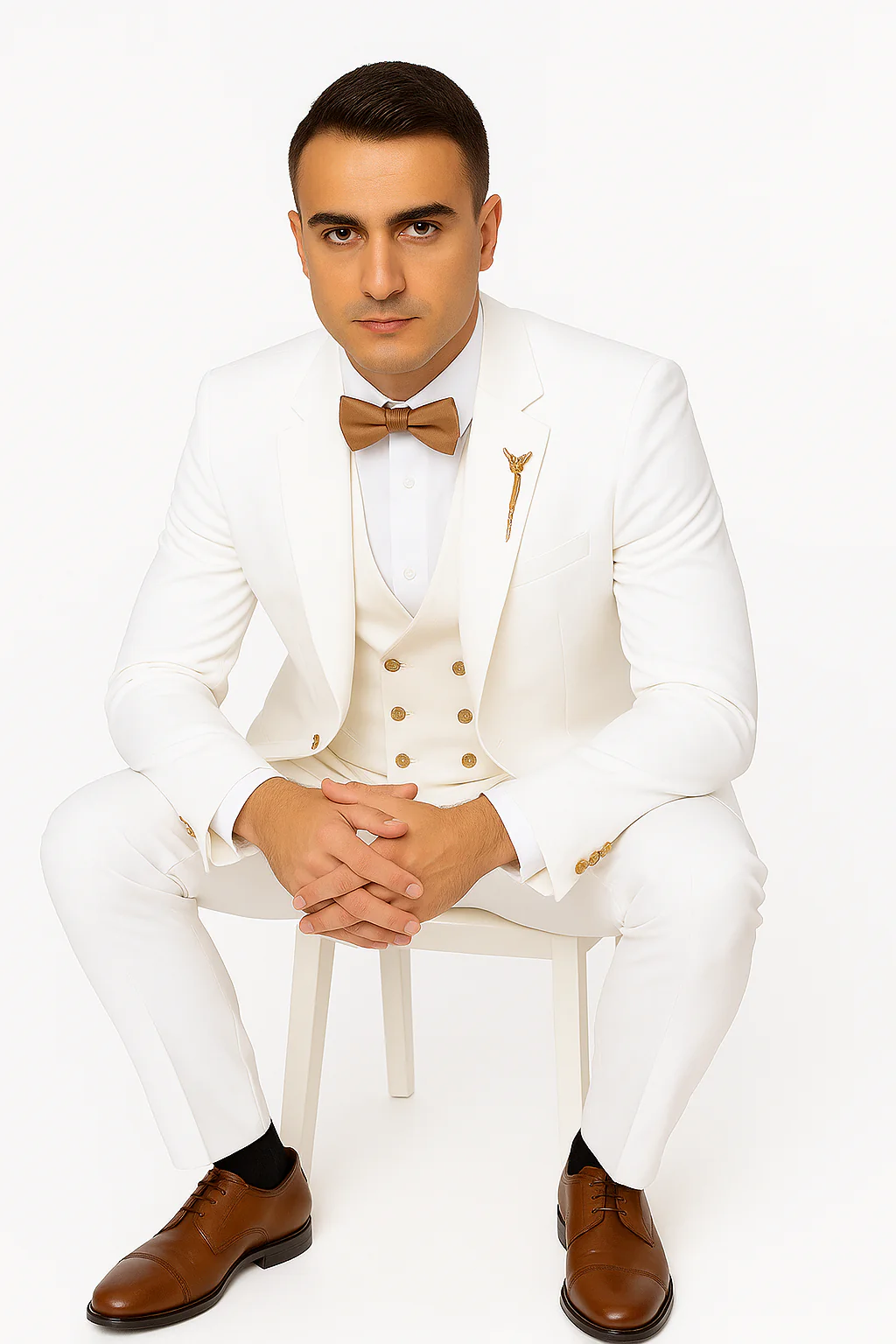 White Two-Button Peak Lapel Suit with Double Breasted Gold-Button Vest by EJ Samuel - Image 8