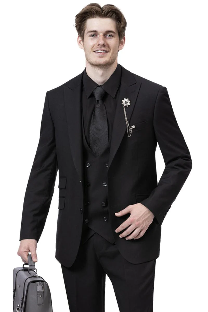 EJ Samuel Men's Black 2-Button Suit with Double-Breasted Vest