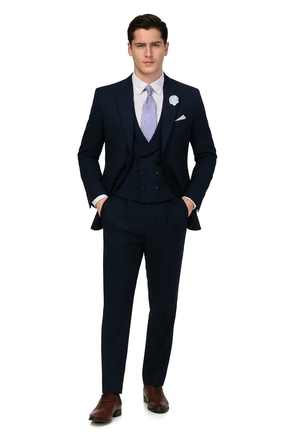 EJ Samuel Men's Navy Blue Peak Lapel 2-Button Vested Suit - Image 2