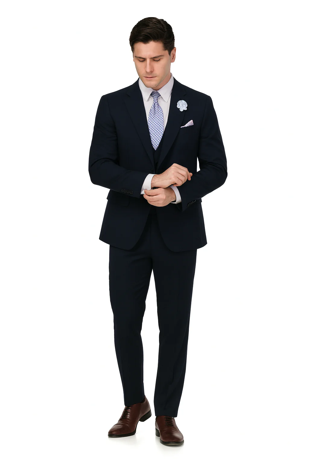 EJ Samuel Men's Navy Blue Peak Lapel 2-Button Vested Suit - Image 4