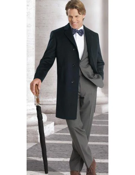 Men's Navy 3 Buttons Long Jacket Modern Fit Overcoat