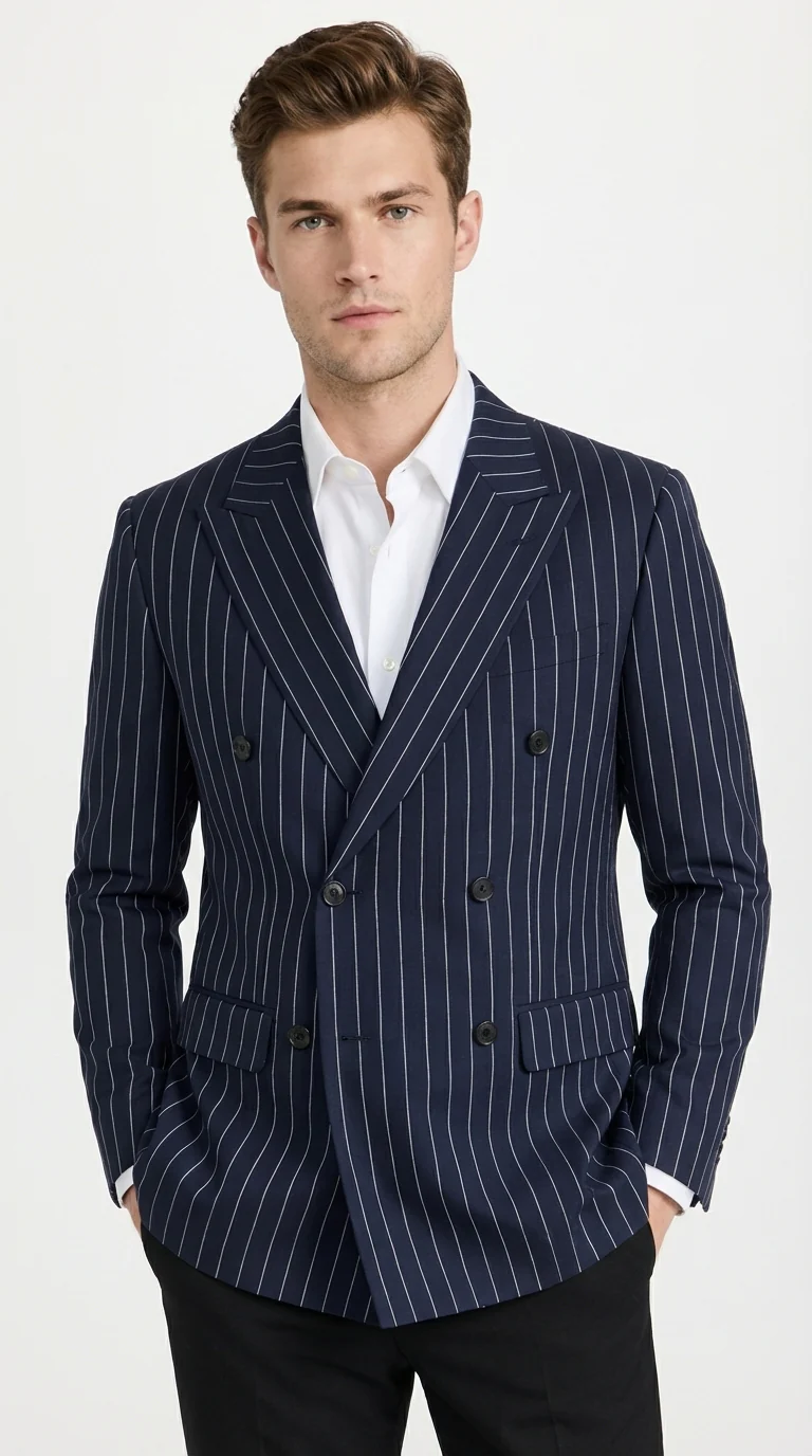 Mens Navy Blue Pinstripe Double Breasted Blazer Sport Coat – Classic Formal Business Jacket for Party and Smart Casual Wear - Image 5