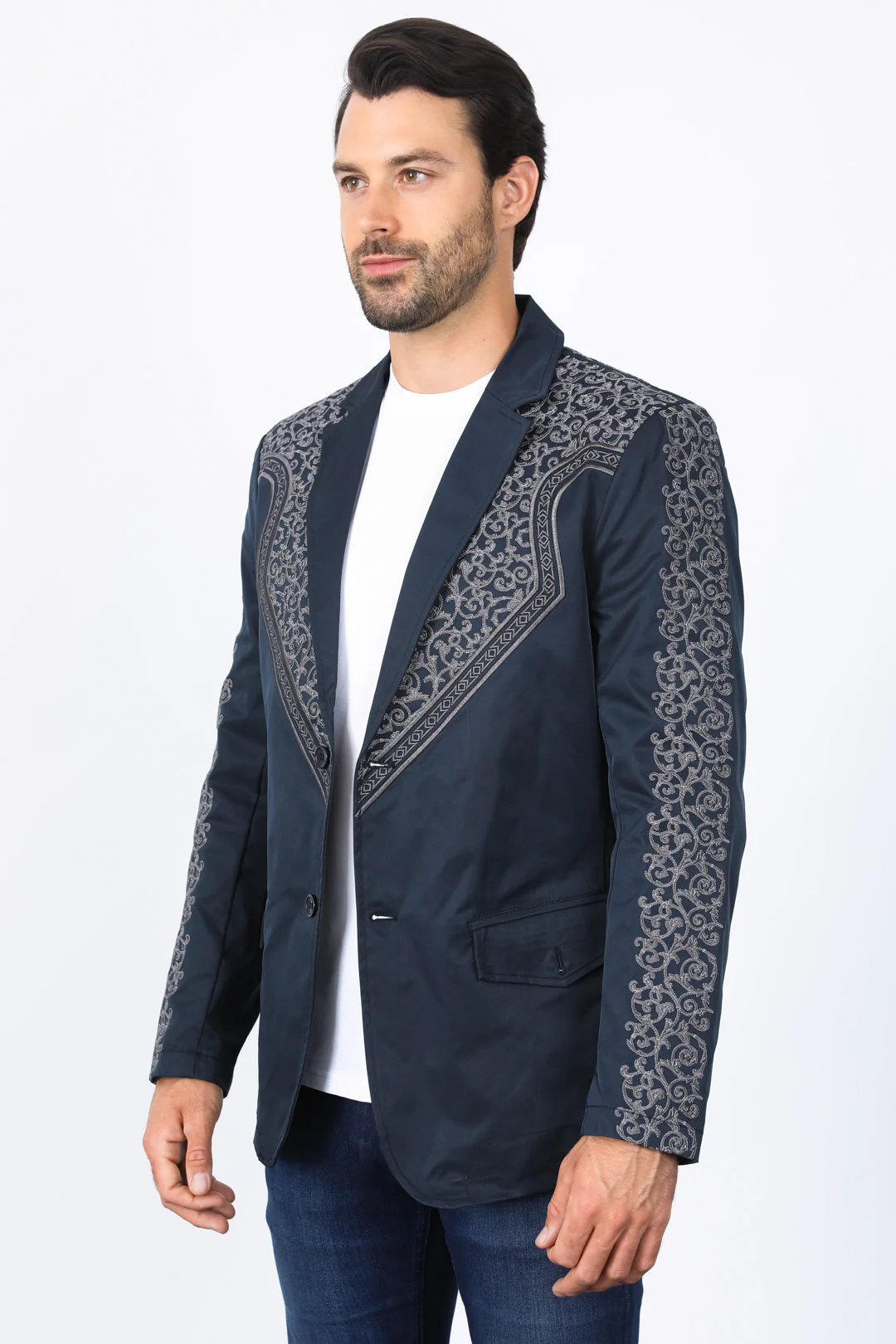 Men’s Navy Fashion Blazer with Embroidery – Smart Casual Dress Jacket - Image 2