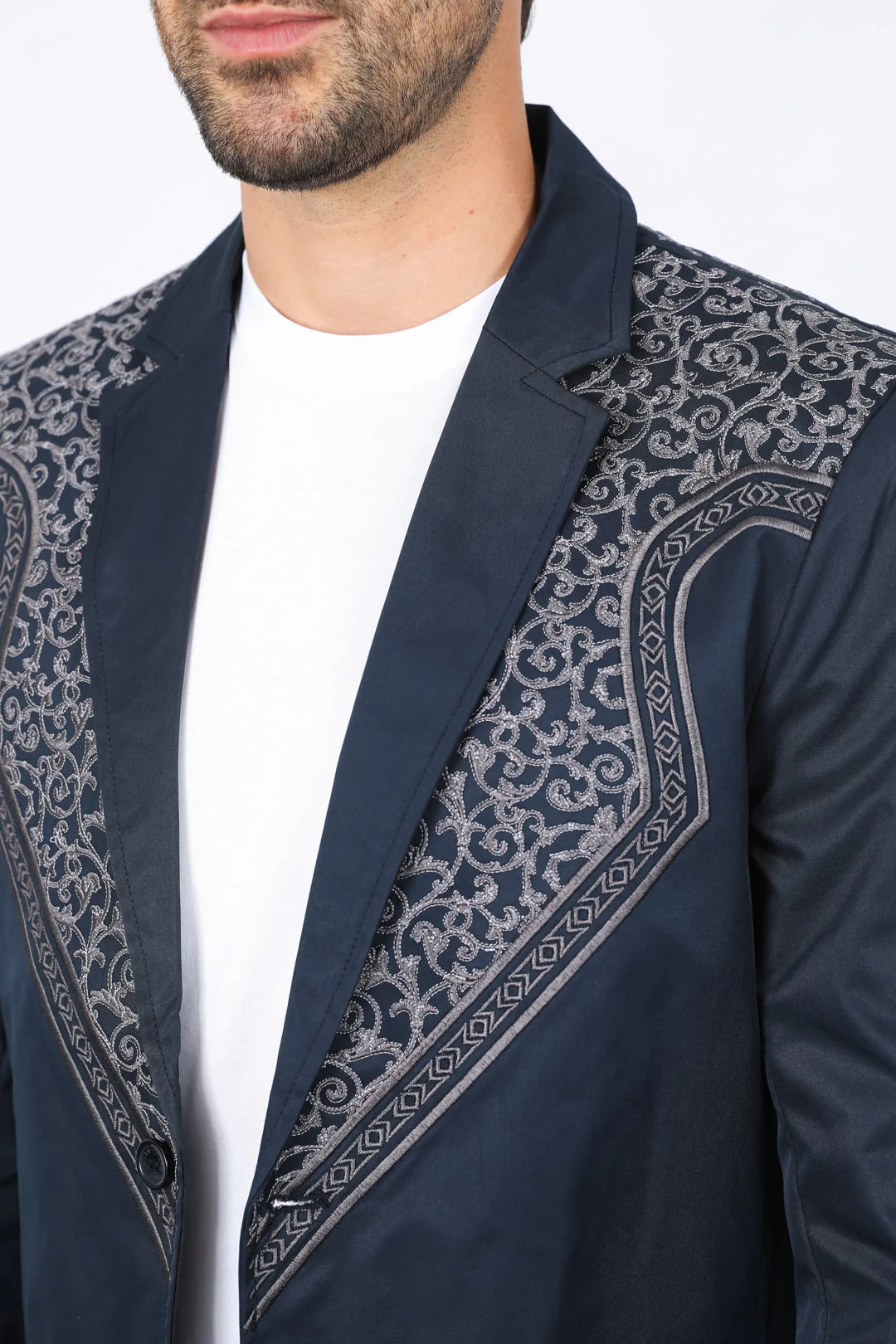 Men’s Navy Fashion Blazer with Embroidery – Smart Casual Dress Jacket - Image 3