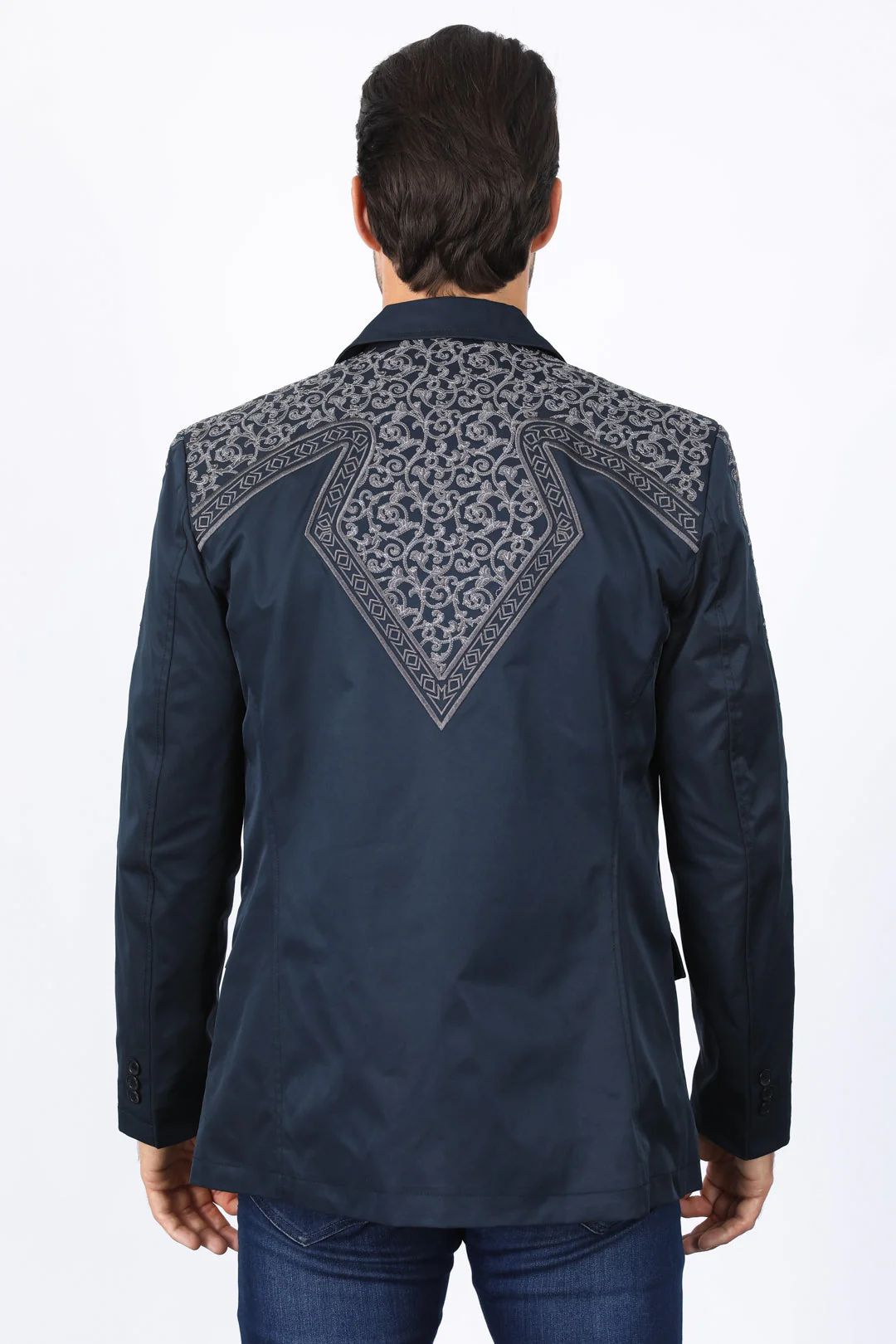 Men’s Navy Fashion Blazer with Embroidery – Smart Casual Dress Jacket - Image 4