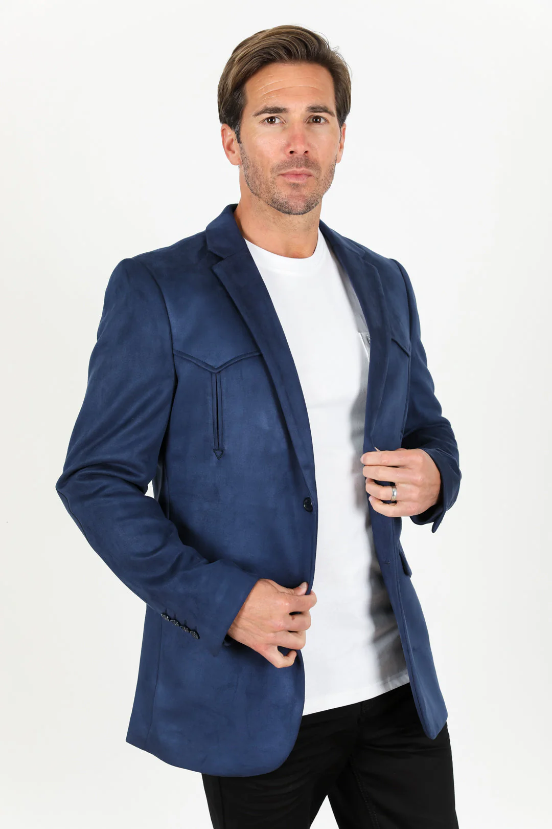Men’s Navy Faux Suede Blazer – Double Button Smart Casual Jacket - Image 2