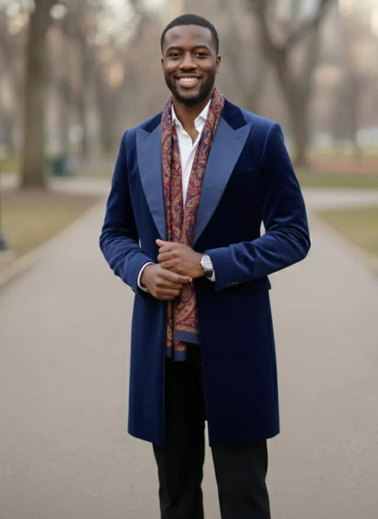 Mens Navy Velvet Victorian Tailcoat Tuxedo – Three Quarter Length Cutaway Stage And Wedding Jacket - Image 2